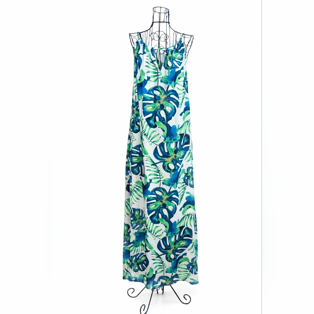 NWT YADY White Tropical Monstera Leafy Green Blue Maxi Dress 100% Viscose S/M
